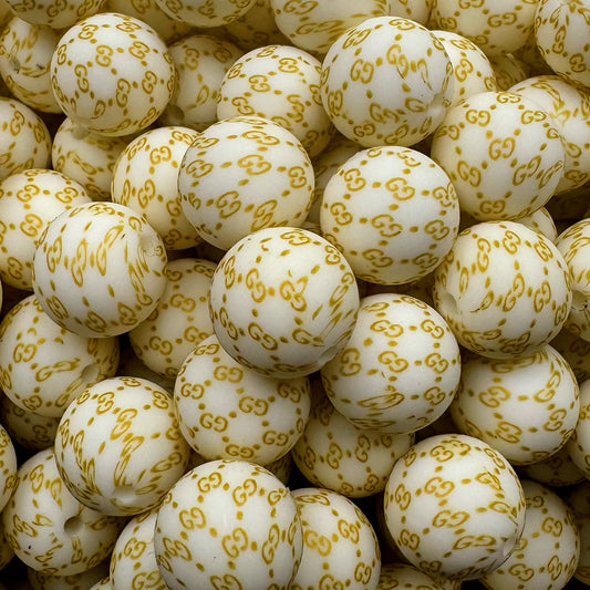 15mm Gold & White Designer Silicone Bead