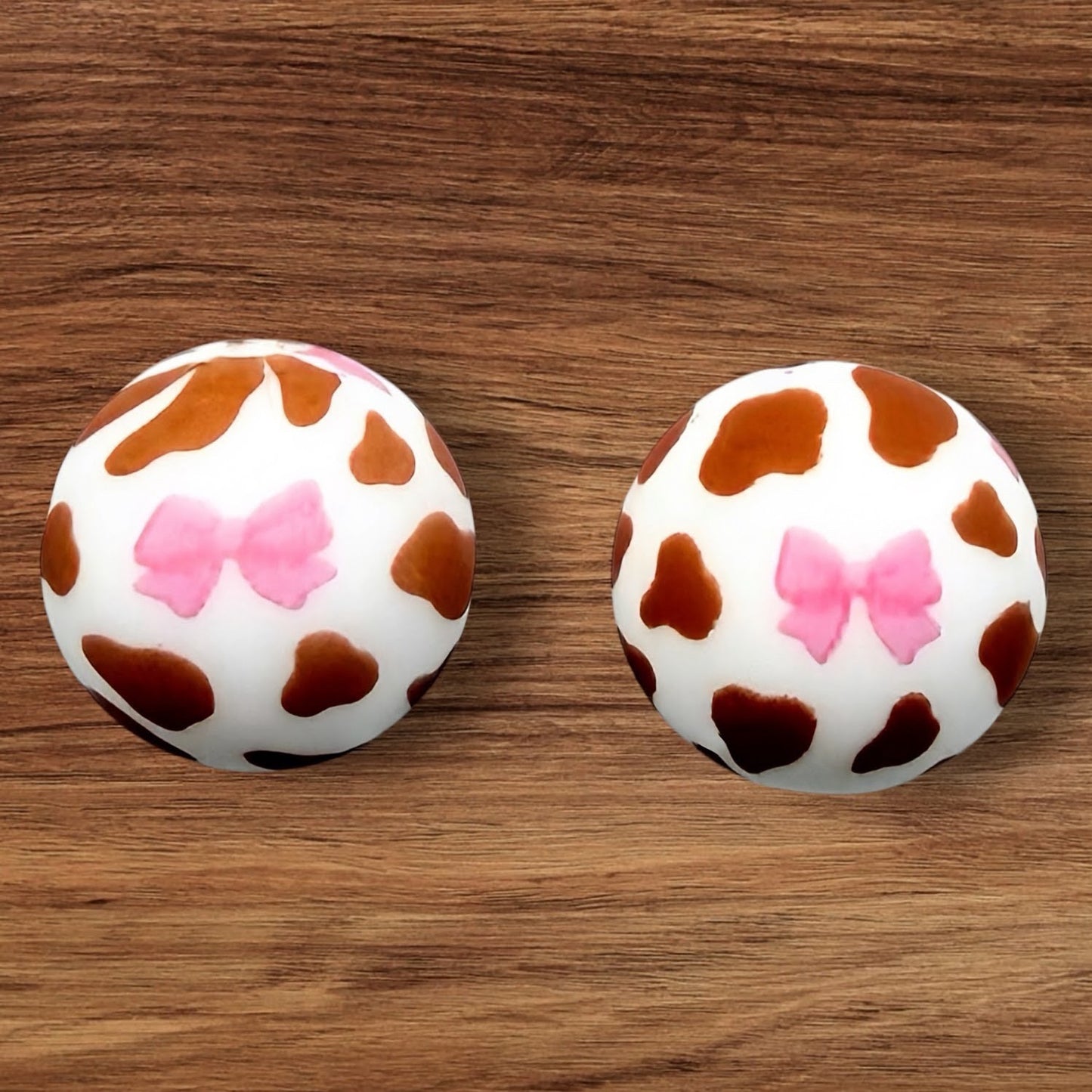 15mm Pink Bow Brown Cow Print Silicone Bead (Exclusive)