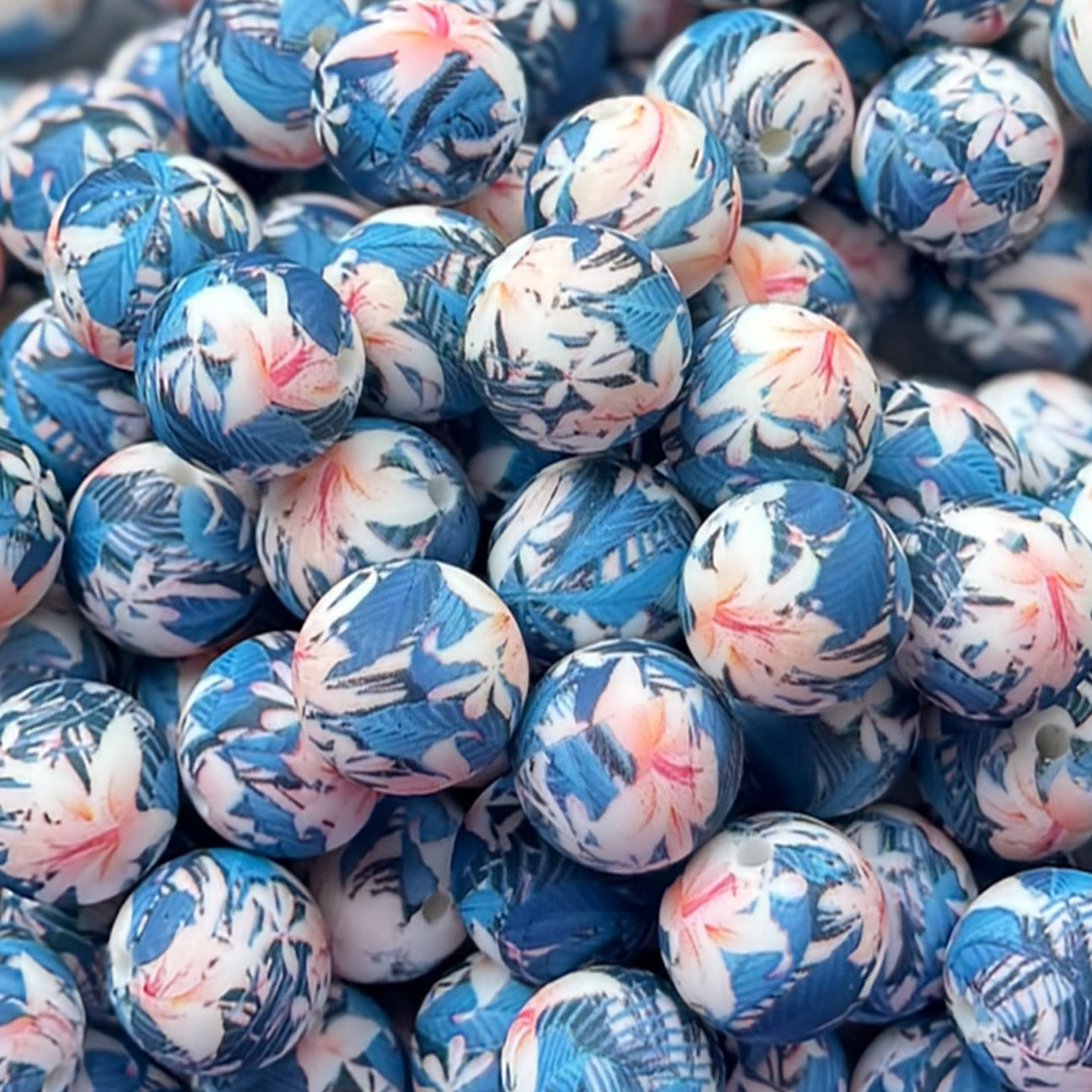 15mm Blue Floral Silicone Bead