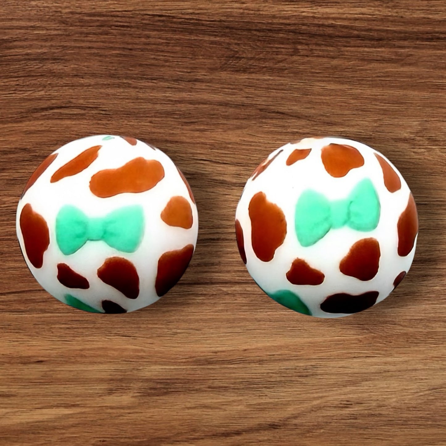 15mm Blue Bow Tie Brown Cow Print Silicone Bead (Exclusive)