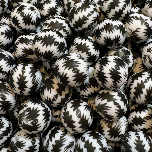 15mm Black & White Aztec Silicone Bead