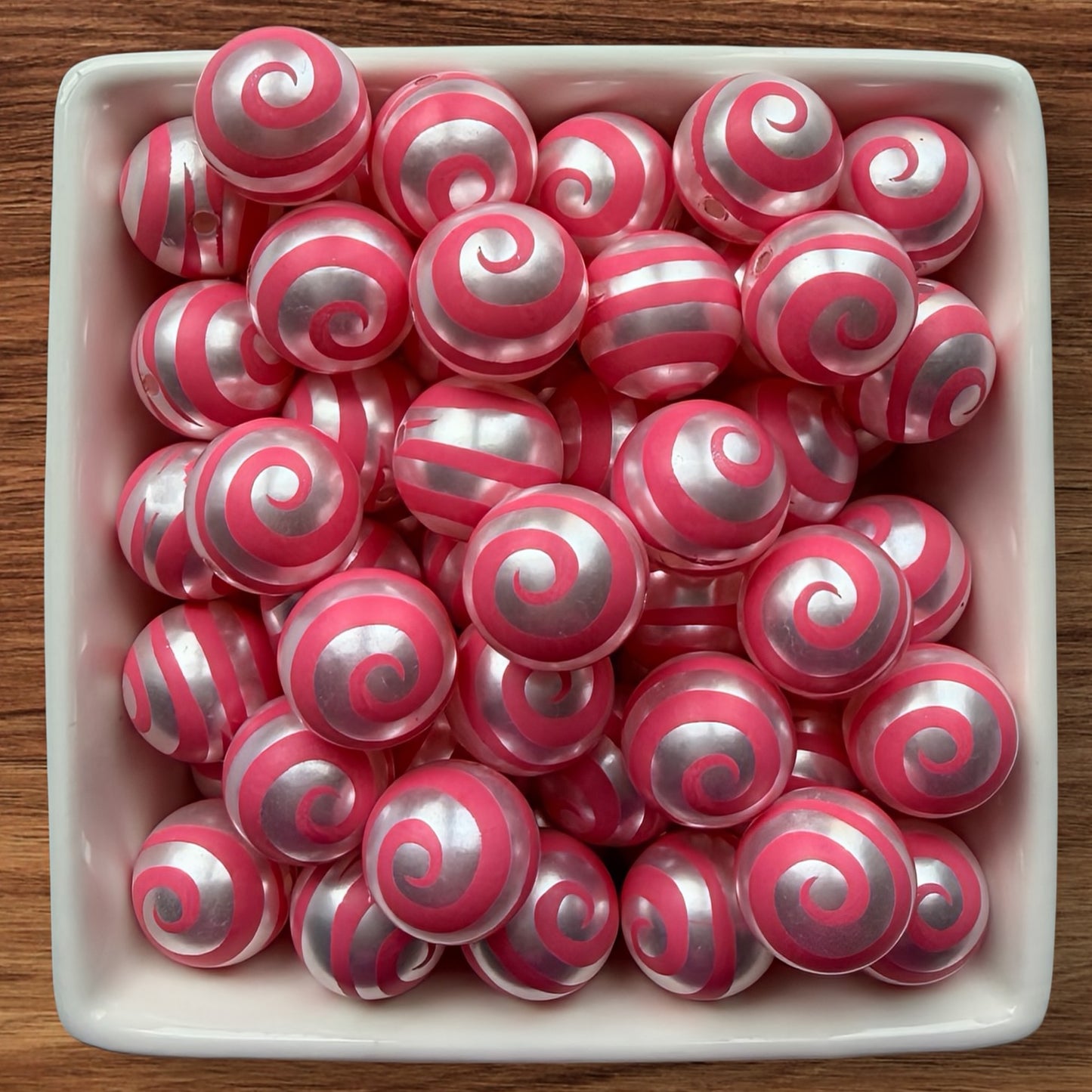 16mm Pink & Silver Swirls Acrylic Bead