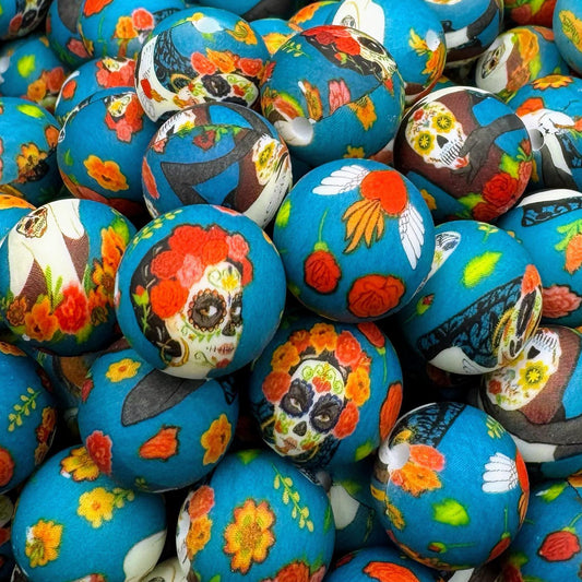 15mm Floral Sugar Skulls Silicone Bead