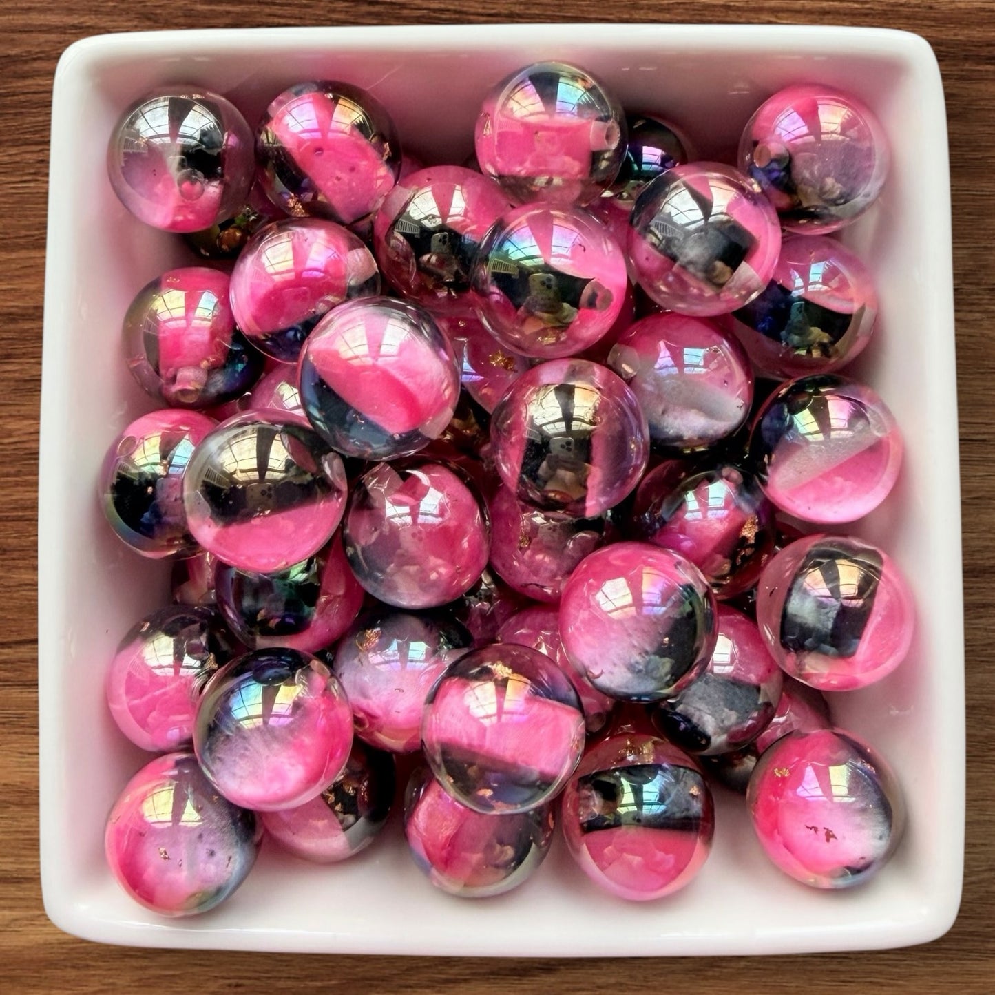 16mm Pink & Black With Gold Flakes Acrylic Bead
