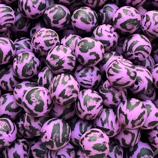 15mm Purple Leopard Silicone Bead