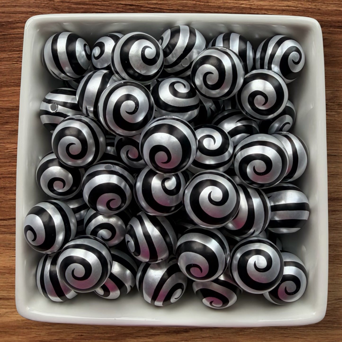 16mm Black & Silver Swirls Acrylic Bead