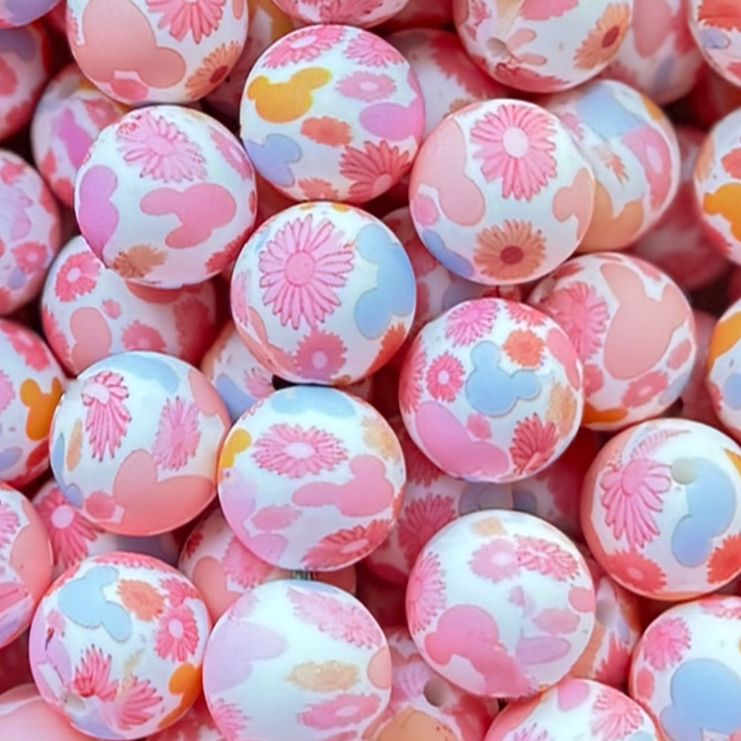 15mm Pink Floral Mouse Silicone Bead