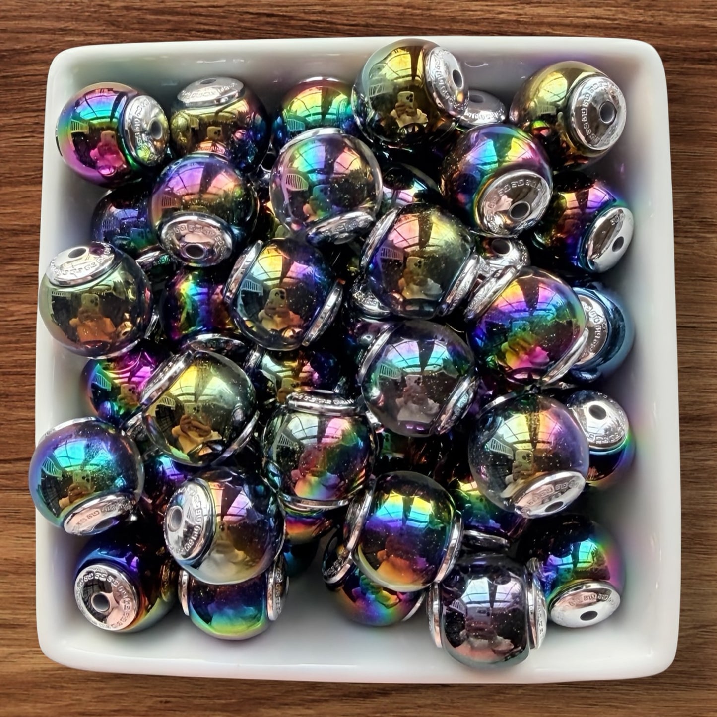 16mm Galaxy Glitter Acrylic Bead With Silver End Caps (Black)
