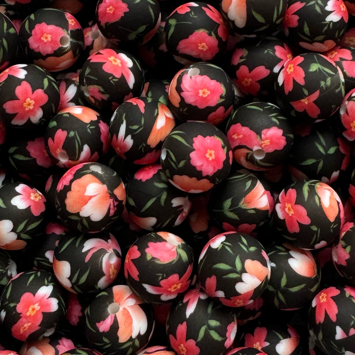 15mm Bright Floral on Black Silicone Bead