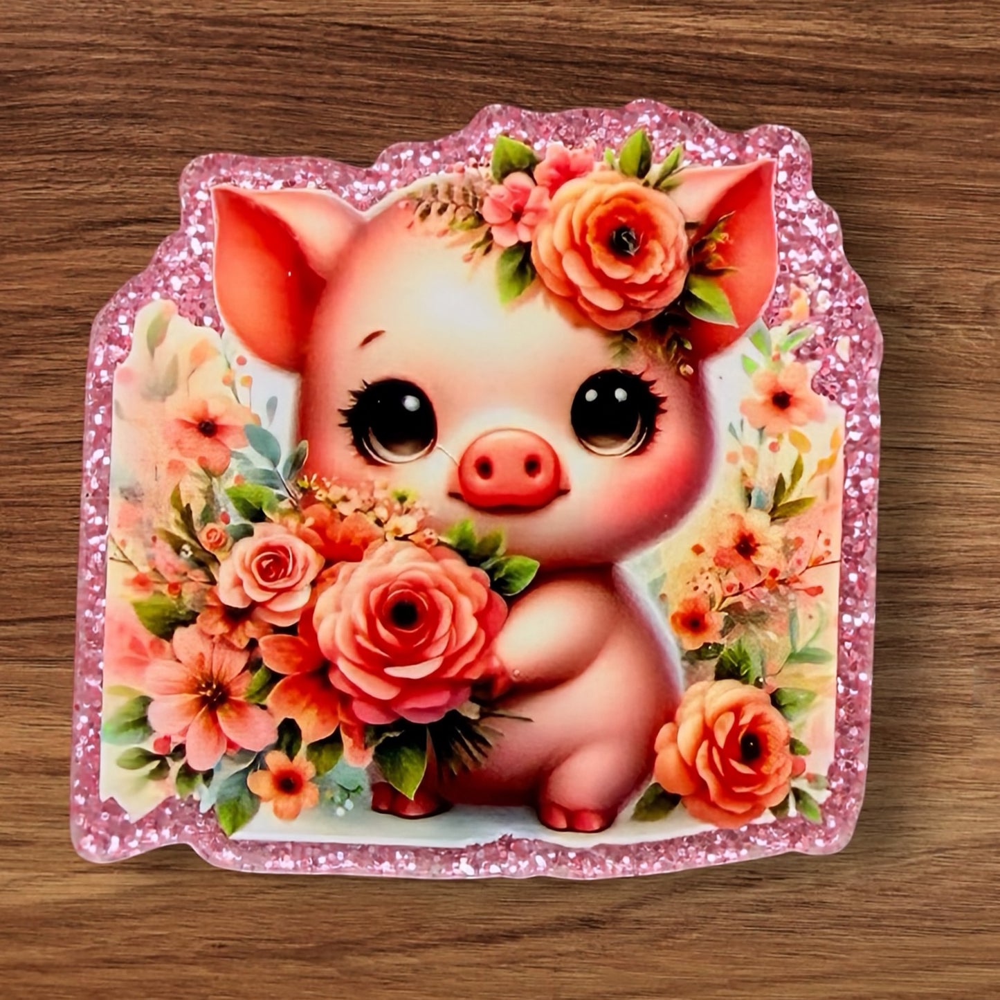 Pig With Flowers Acrylic Flatback
