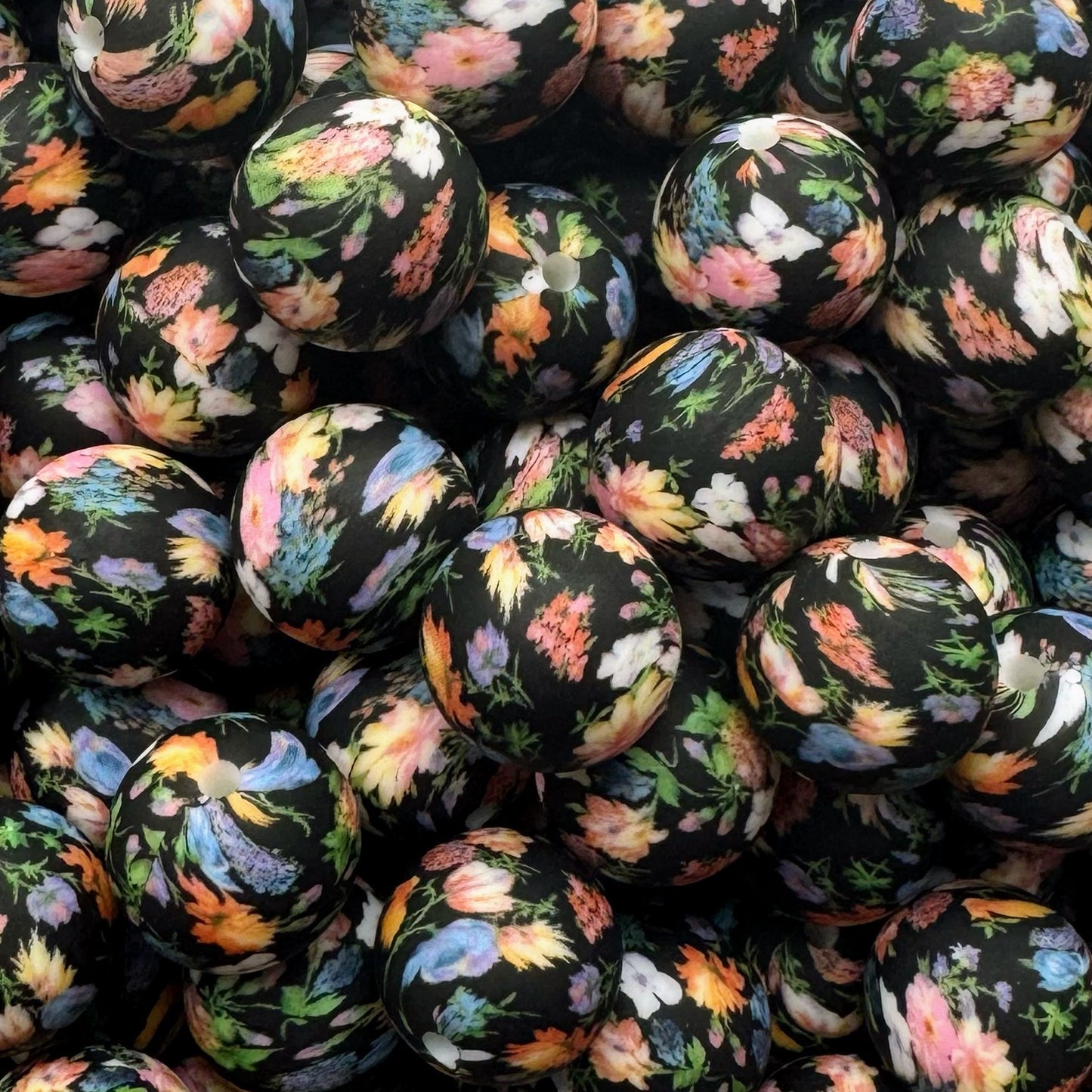 15mm Black With Wildflowers Silicone Bead