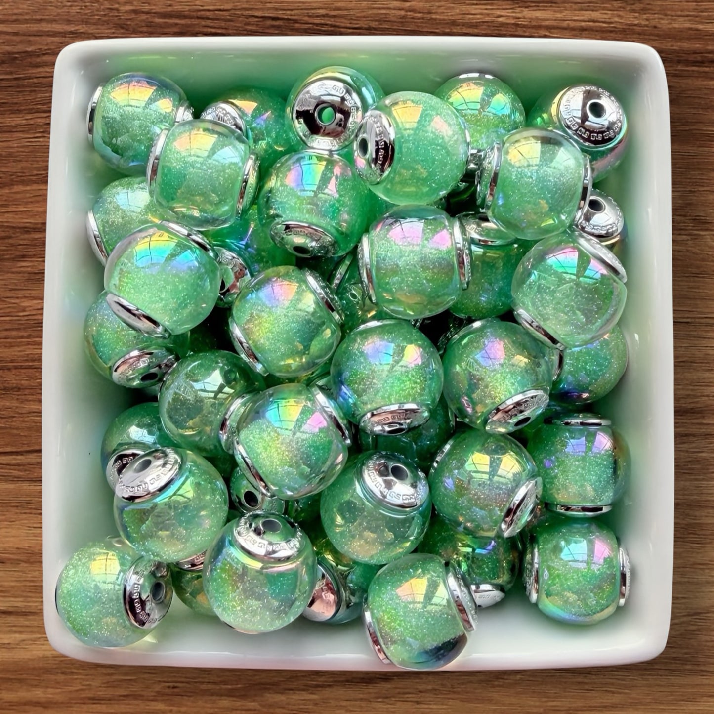 16mm Galaxy Glitter Acrylic Bead With Silver End Caps (Green)