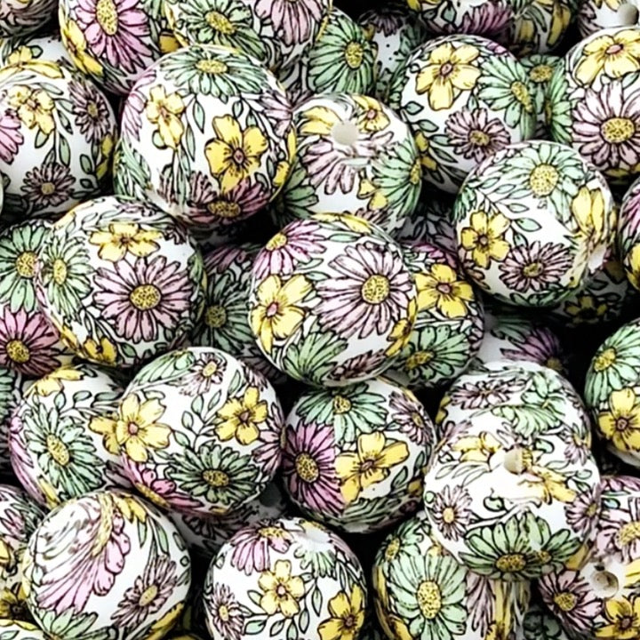 15mm Floral Sketch Silicone Bead