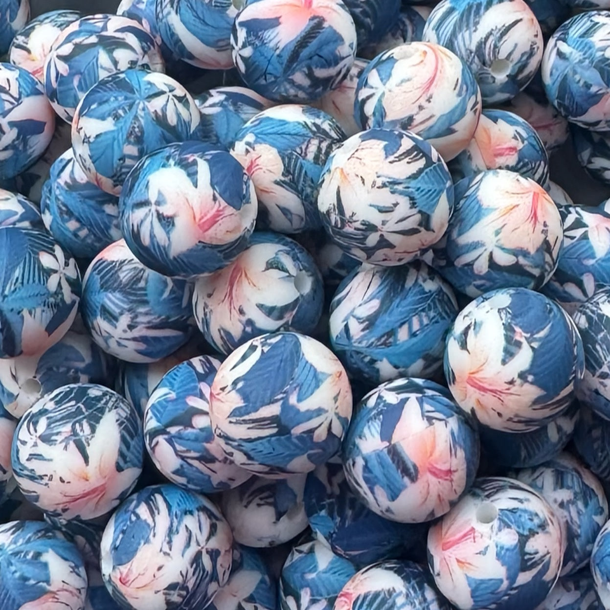 15mm Blue Floral Silicone Bead