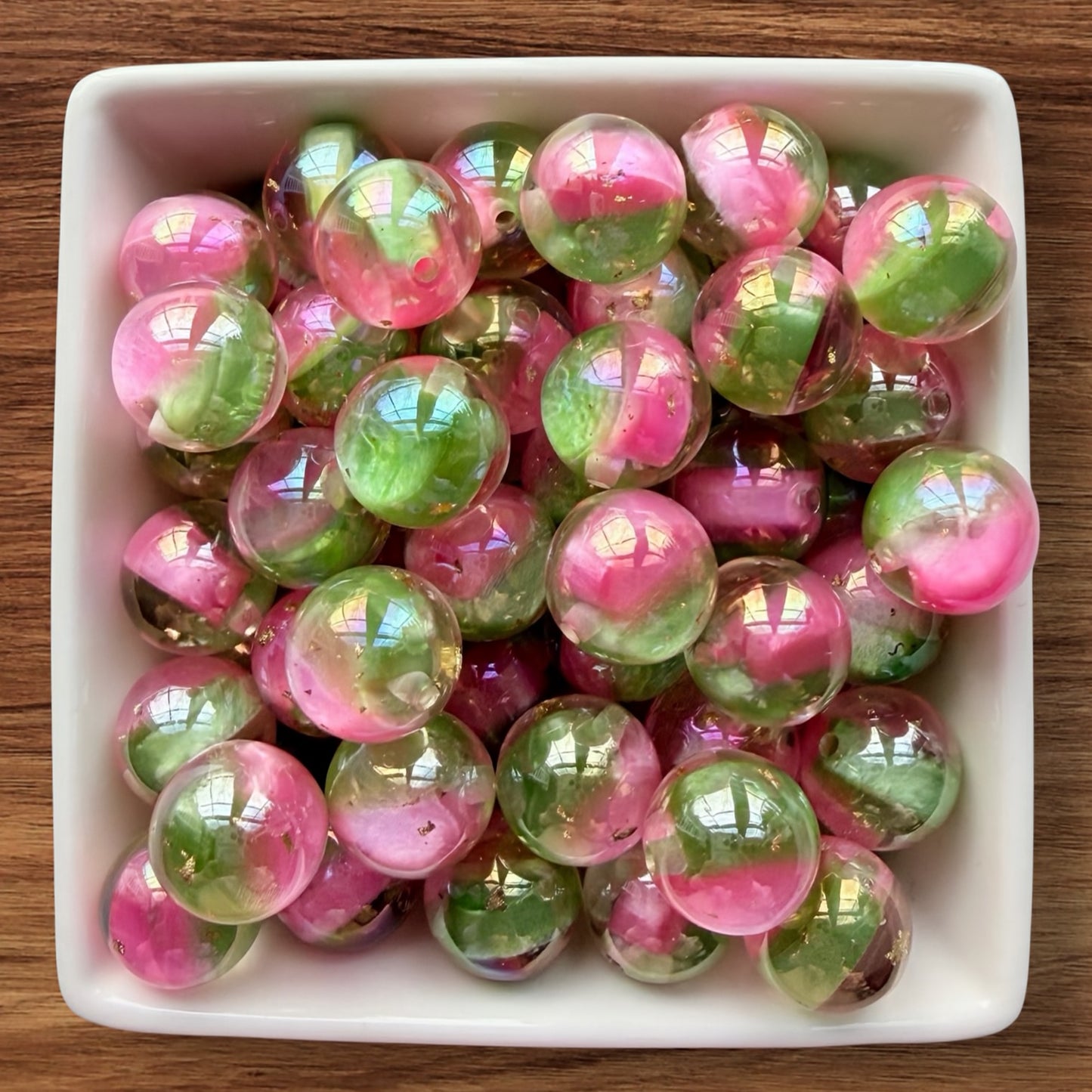 16mm Pink & Green With Gold Flakes Acrylic Bead