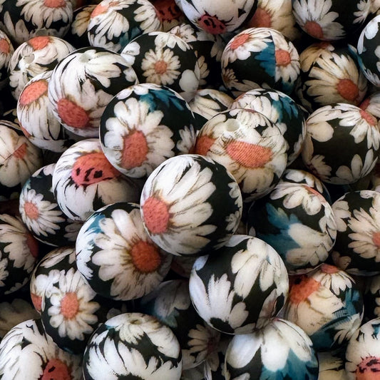 15mm Black With Daisy Silicone Bead