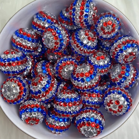 20mm Red White & Blue Striped Rhinestone Bead