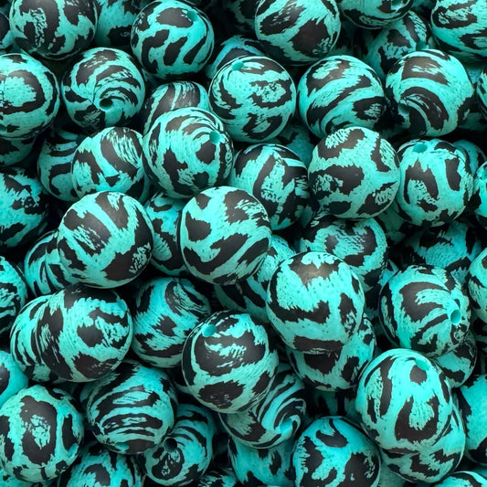 15mm Turquoise Leopard Silicone Bead