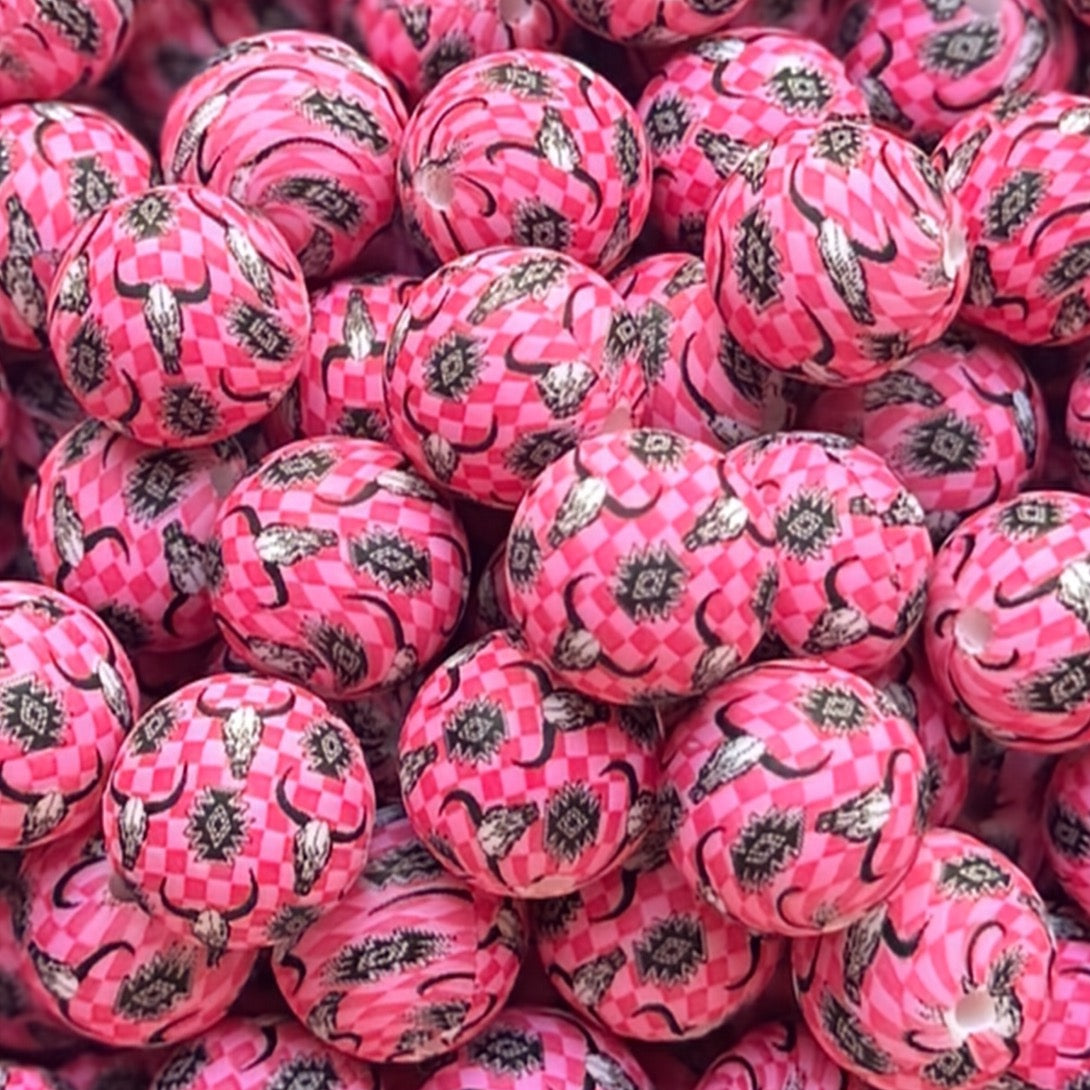 15mm Checkered Skull Silicone Bead