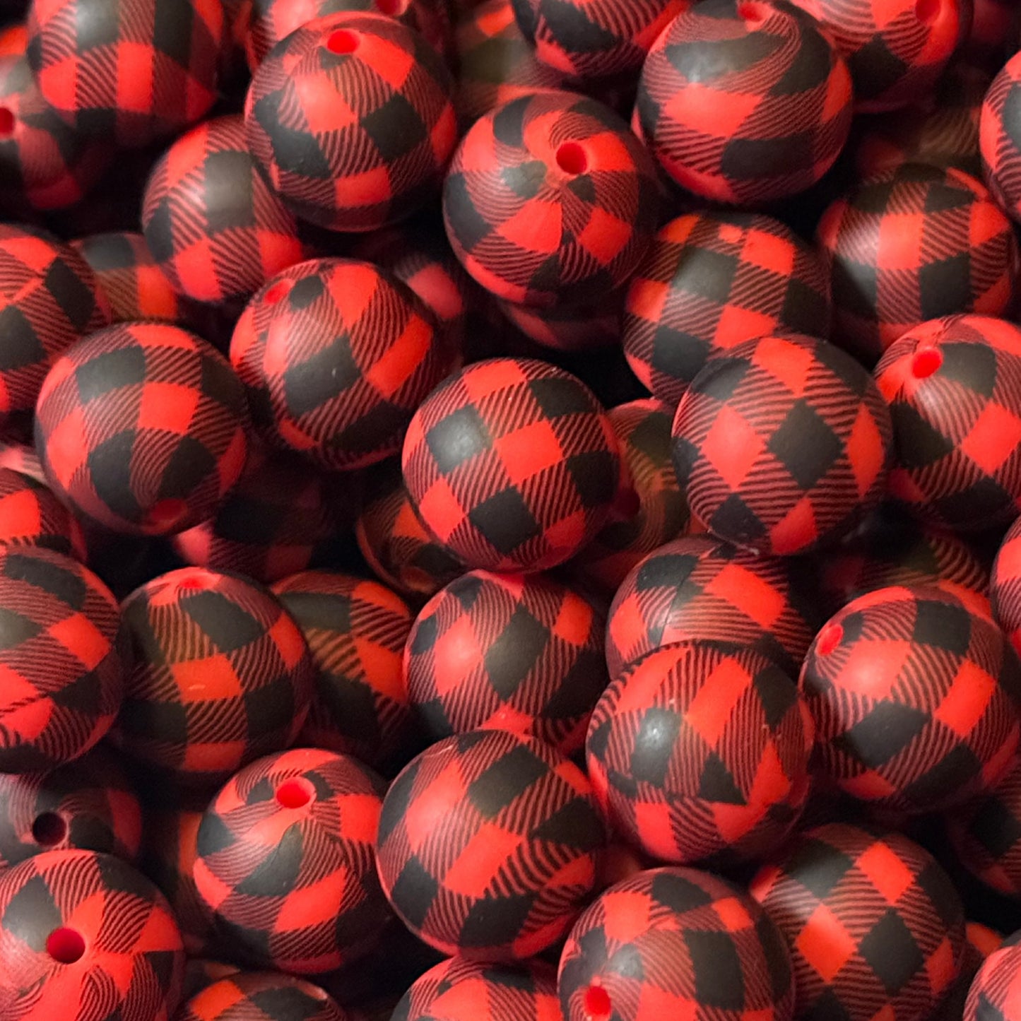 15mm Red Buffalo Plaid Silicone Bead