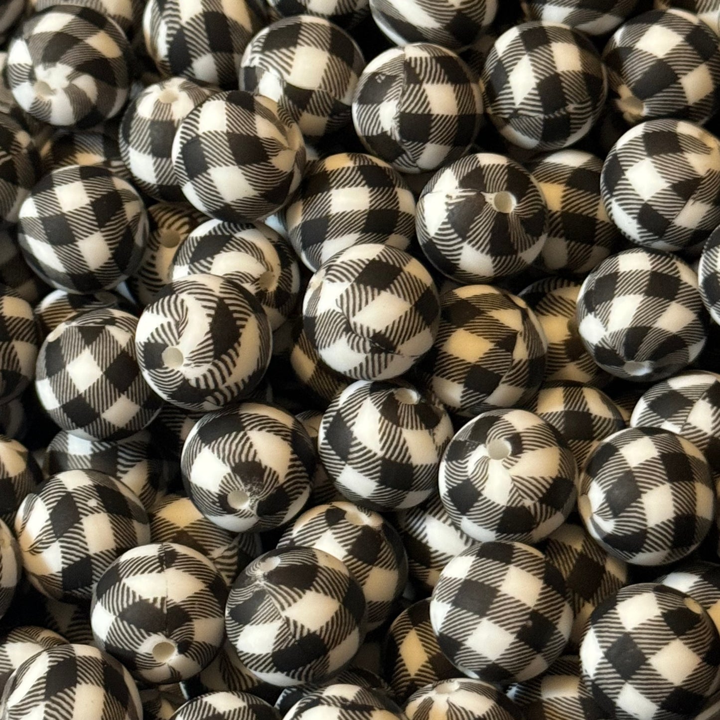 15mm Black Buffalo Plaid Silicone Bead