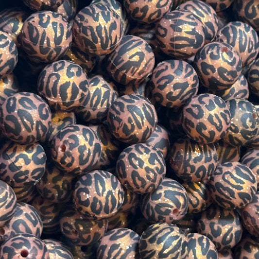 15mm Glitter Animal Print Silicone Bead