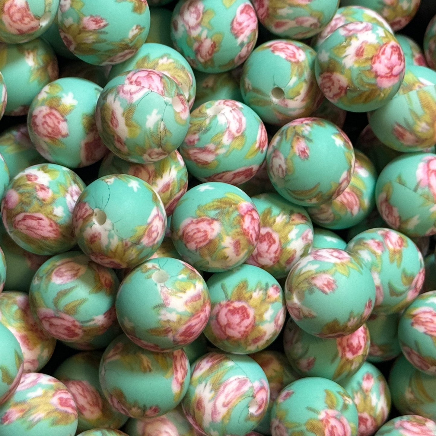 15mm Flowers on Mint Silicone Bead