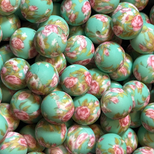 15mm Flowers on Mint Silicone Bead