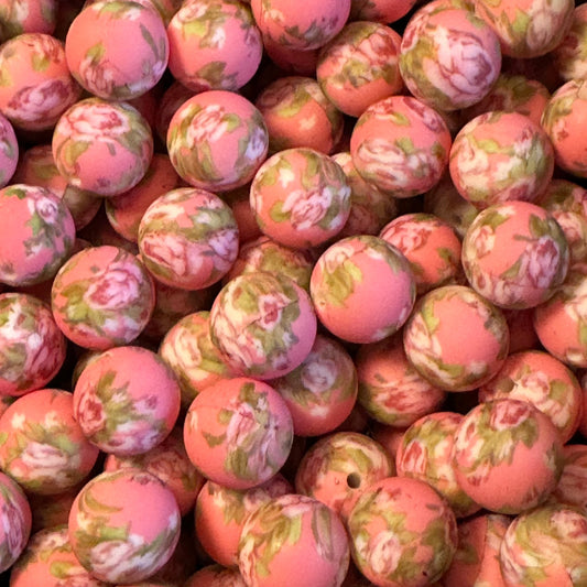 15mm Flowers on Pink Silicone Bead