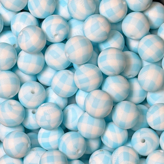 15mm Light Blue Plaid Silicone Bead