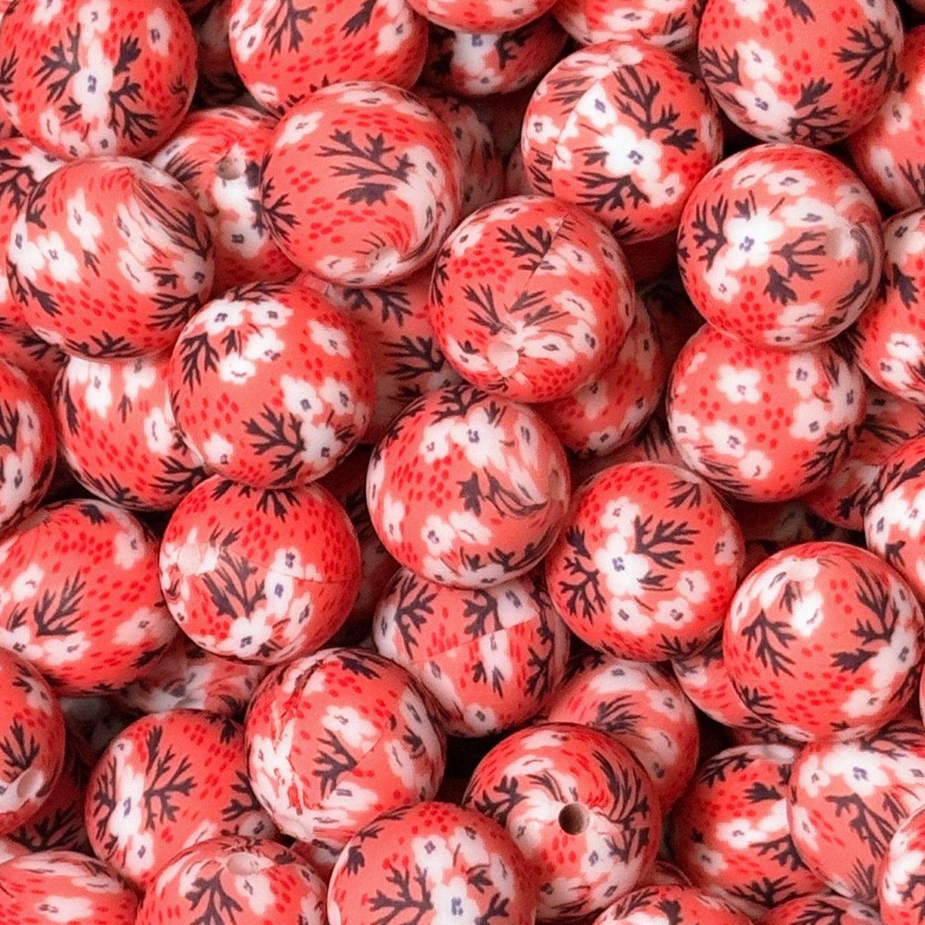 15mm Flowers on Red Silicone Bead