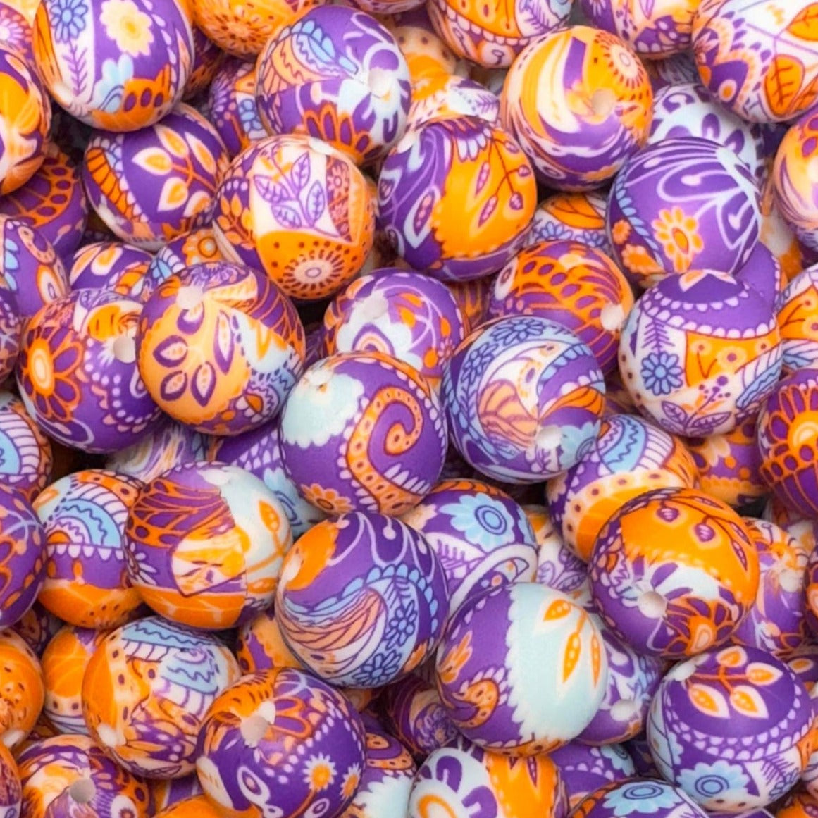 15mm Purple Paisley Silicone Bead