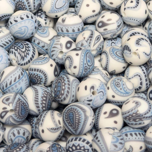 15mm Blue Paisley Silicone Bead