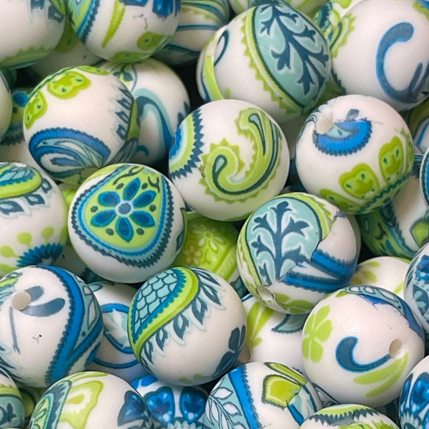 15mm Green and Blue Paisley Silicone Bead