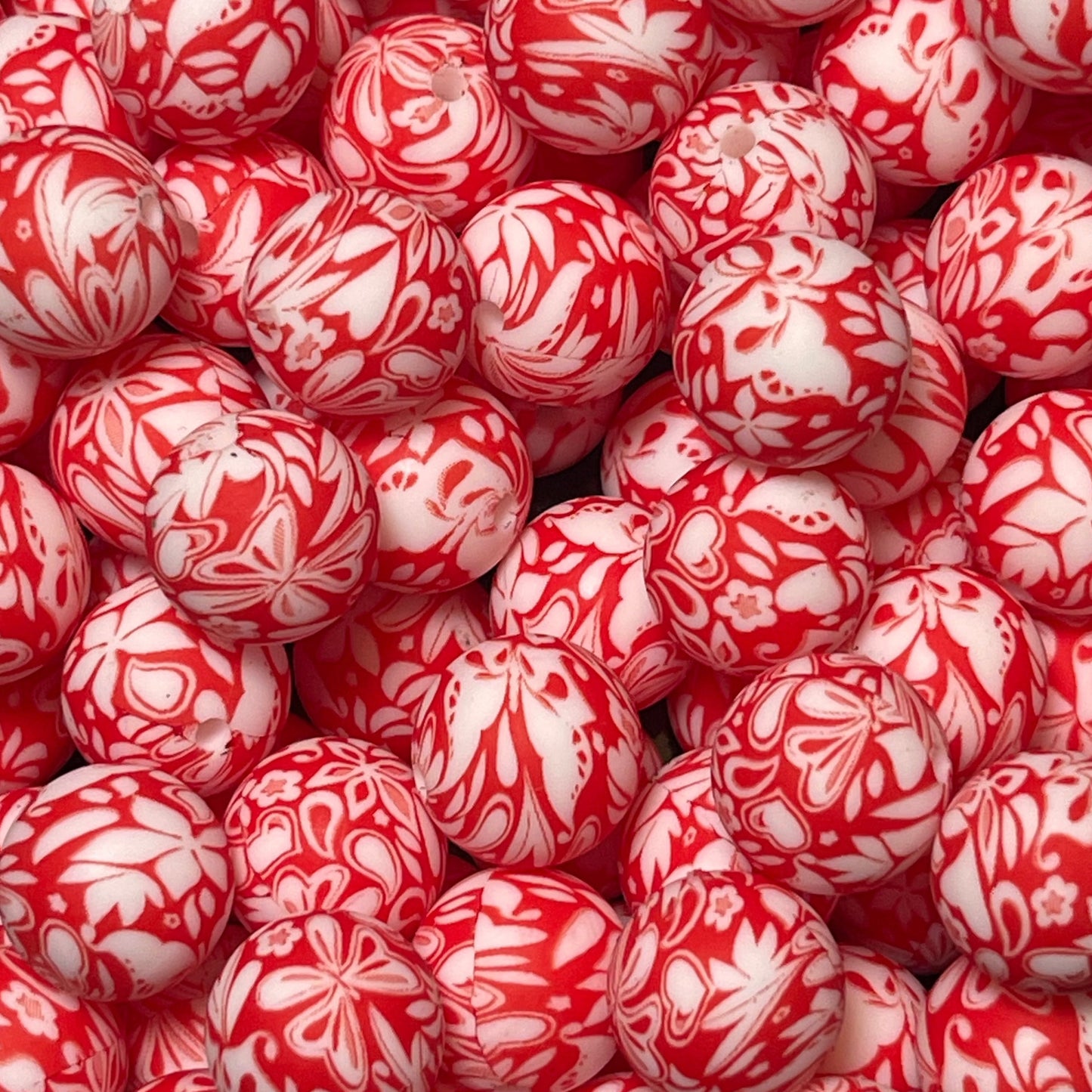 15mm Hearts and Flowers on Red Silicone Bead