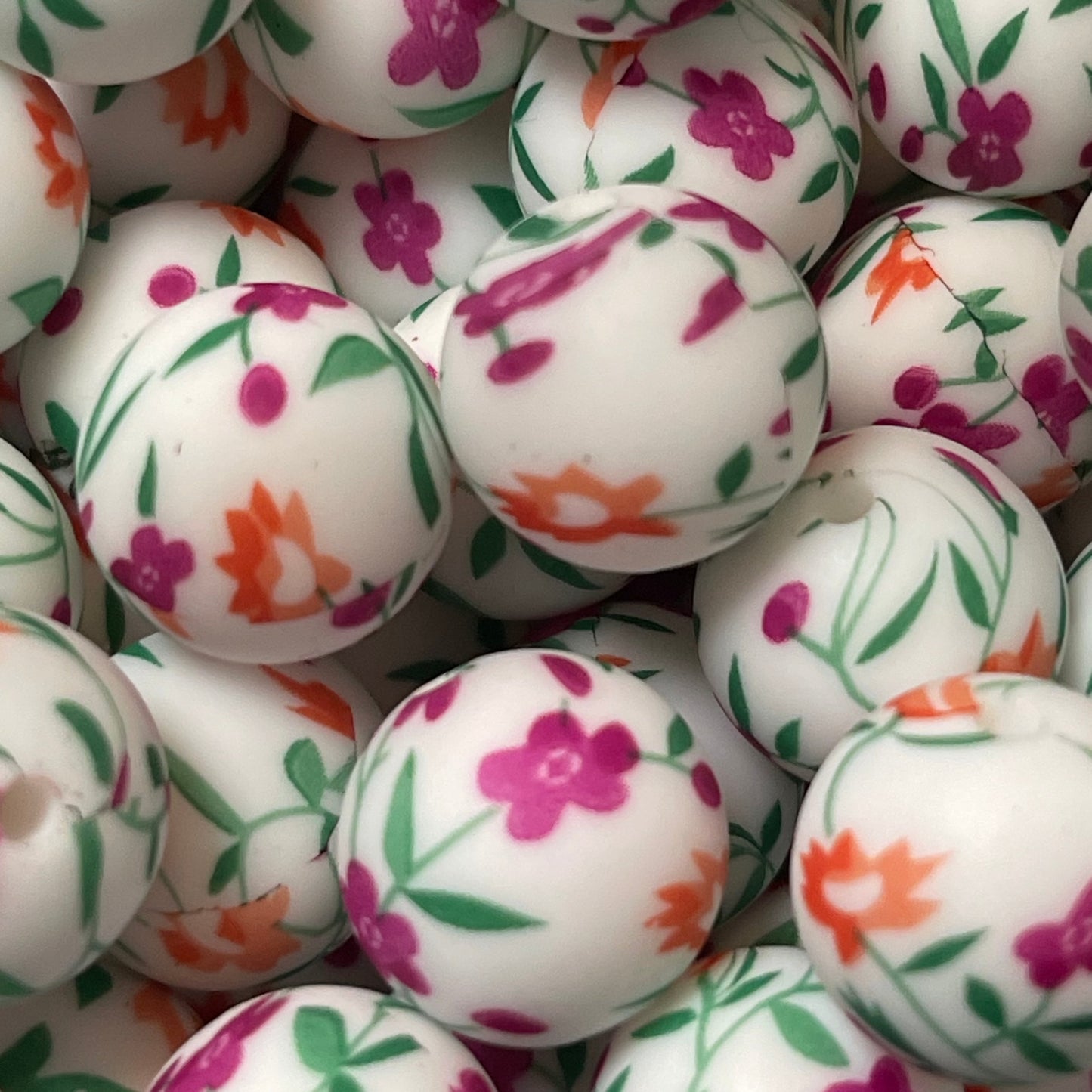 15mm Purple and Peach Flowers Silicone Bead