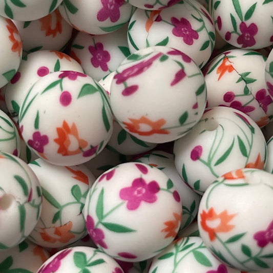 15mm Purple and Peach Flowers Silicone Bead