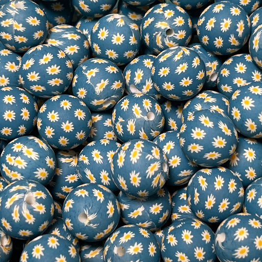 15mm Daisies on Blue Silicone Bead