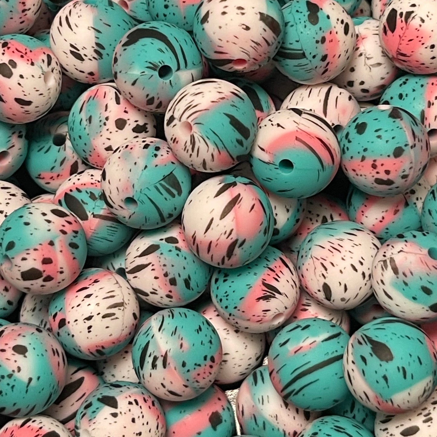 15mm Black Specks on Teal Swirl Silicone Bead