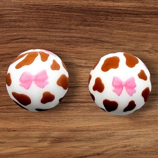 15mm Pink Bow Brown Cow Print Silicone Bead (Exclusive)