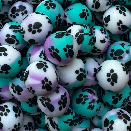 15mm Tie Dye Paw Print Silicone Bead