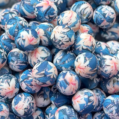 15mm Blue Floral Silicone Bead