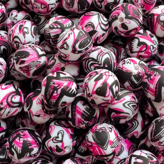 15mm Graffiti Hearts Silicone Bead