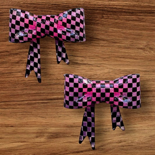 Shiny Hot Pink Checkered Bow Focal/Straw Topper