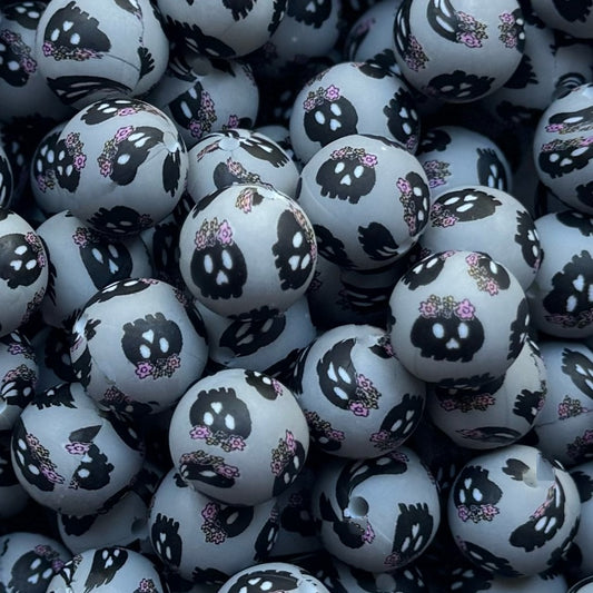 15mm Skull With Pink Bow Silicone Bead