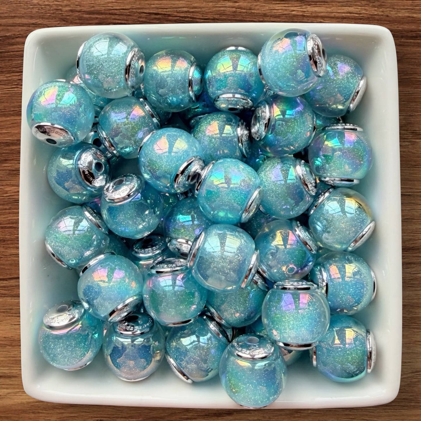 16mm Galaxy Glitter Acrylic Bead With Silver End Caps (Blue)