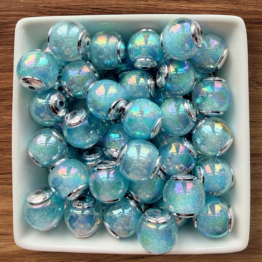 16mm Galaxy Glitter Acrylic Bead With Silver End Caps (Blue)