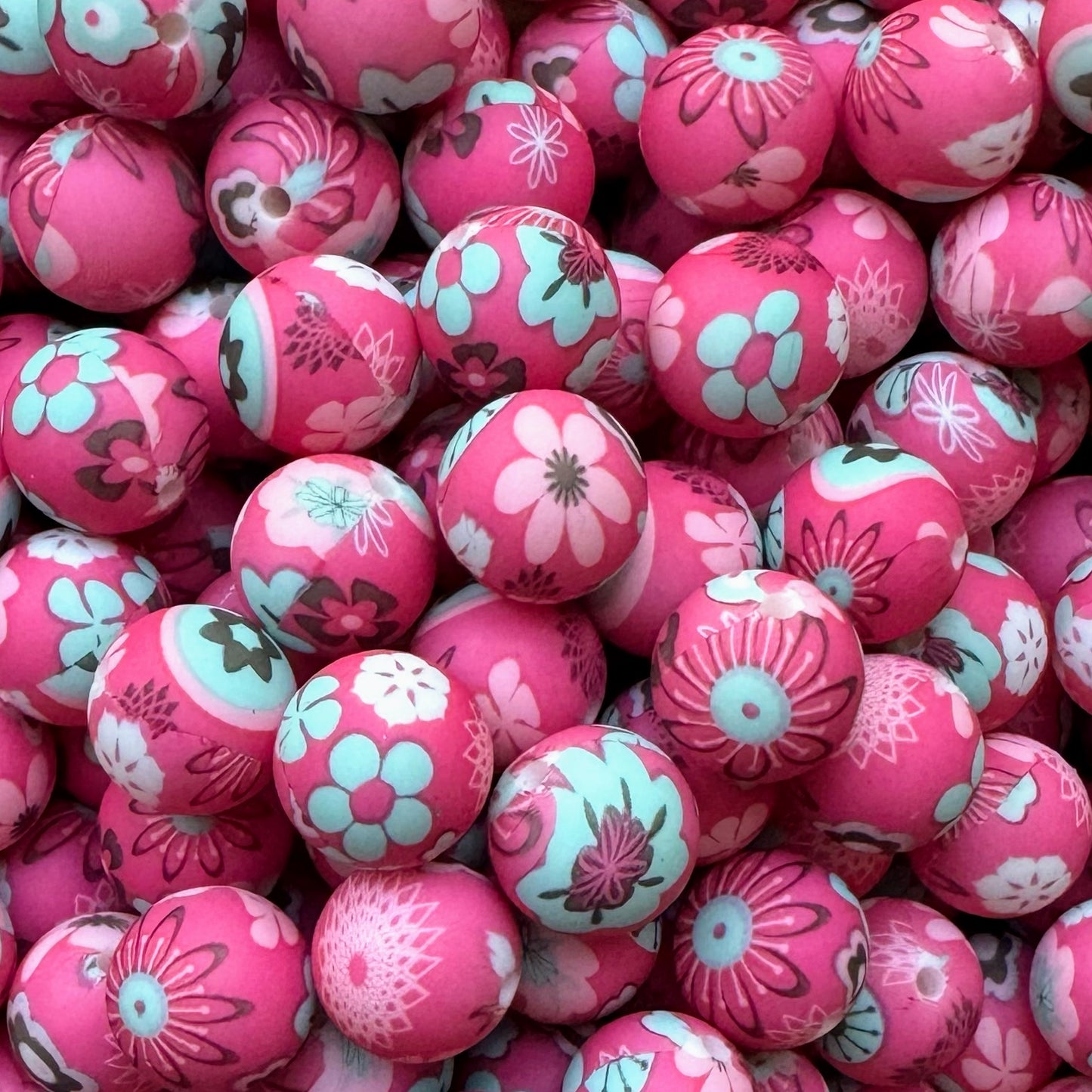 15mm Retro Pink Floral Silicone Bead