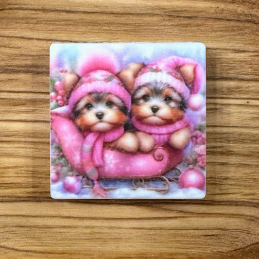 Yorkies In Pink Sleigh Focal