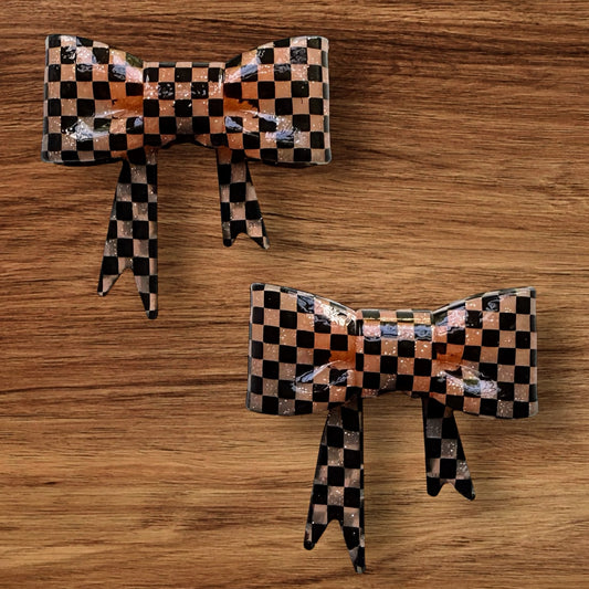 Shiny Orange Checkered Bow Focal/Straw Topper